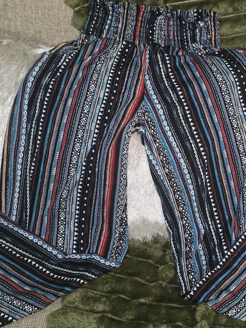 Smocked-Waist Wide Leg Pants in Black, Blue & Red Stripe
